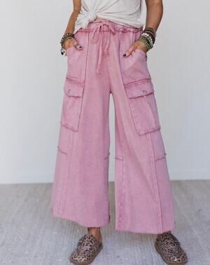 Easel Pink Mineral Wash Wide Leg Cargo Pants Boho Utility Distressed Raw short